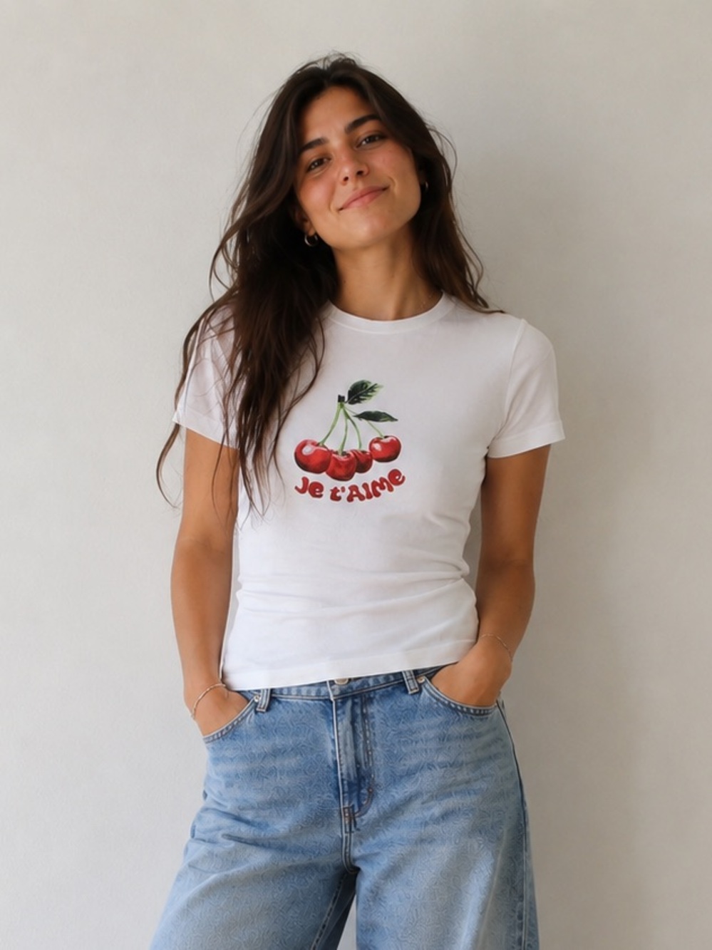 Hi Res White Cherry Je T’Aime Graphic T-Shirt Size Medium
